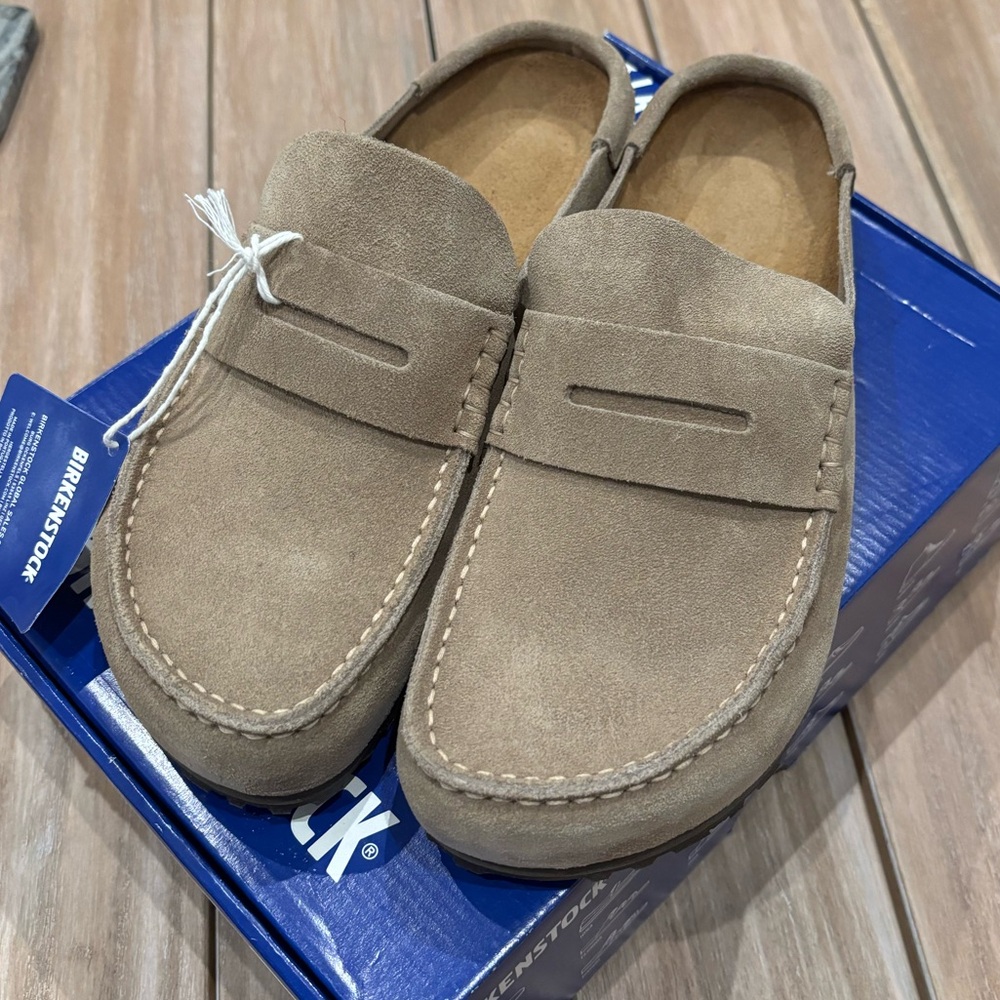 Birkenstock Boston Taupe Suede Wrapped Naples, 40 Narrow, Brand New With Box